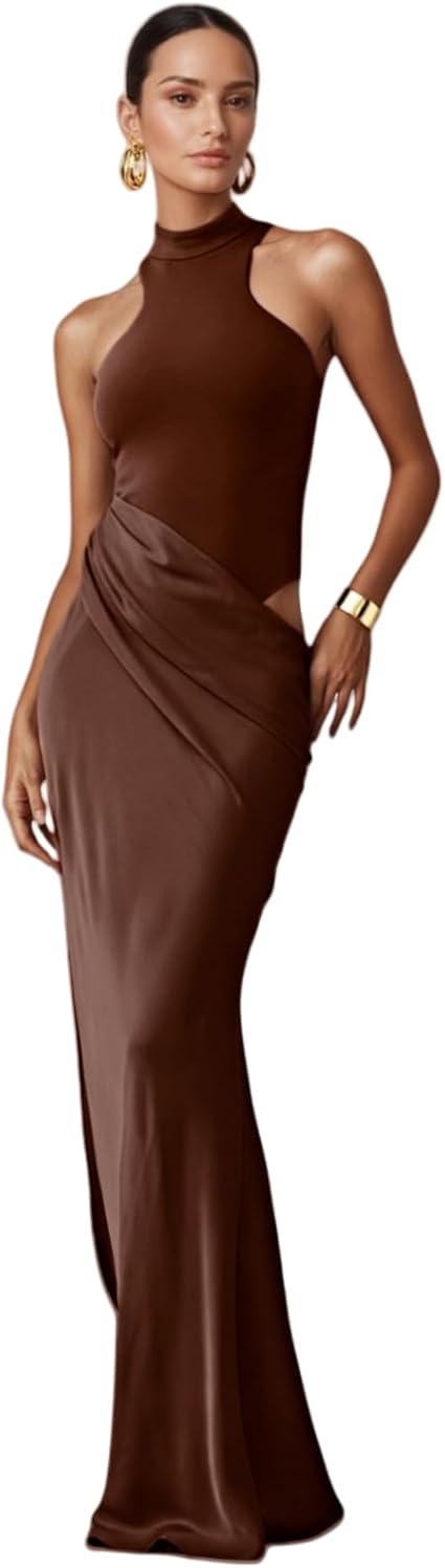 JUMISEE Women's Elegant Pleated Satin Maxi Dress