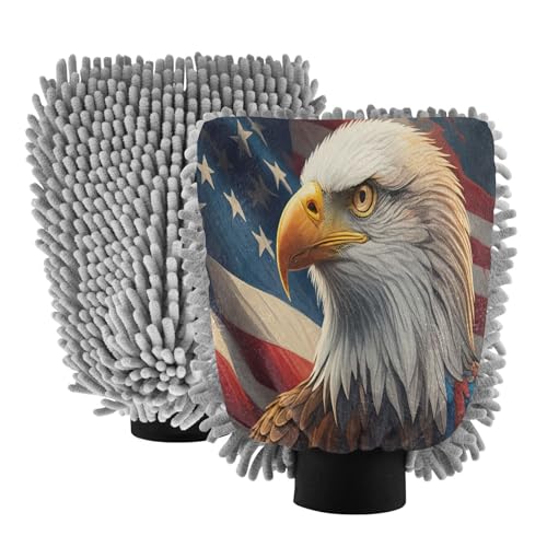 STAYTOP American Flag and Eagle Car Wash Mitt Microfiber, 2Pcs Scratch Free Lint-Free, Premium Chenille Microfiber Mitt Car Wash Brush-M