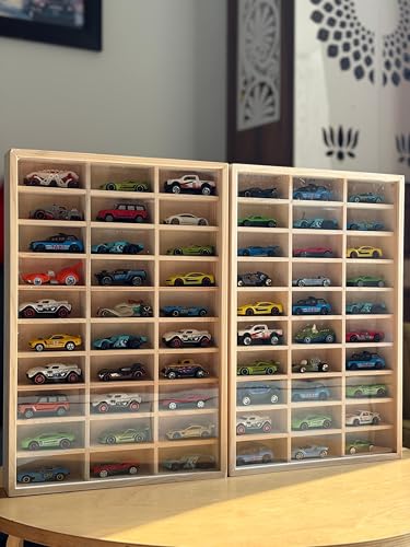 Image of 60 Compartment Wooden Display for Cars with Magnetic Acrylic Protection - Holds 1:64 Scale Cars - Foldable Wall-Mount or Shelf Organizer