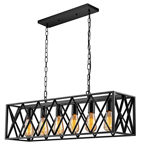Industrial Kitchen Island Pendant Lighting, Pynsseu Rectangular Vintage Rustic 6-Light Hanging Pendant Light Fixtures for Kitchen Farmhouse, Bar, Dinning Room