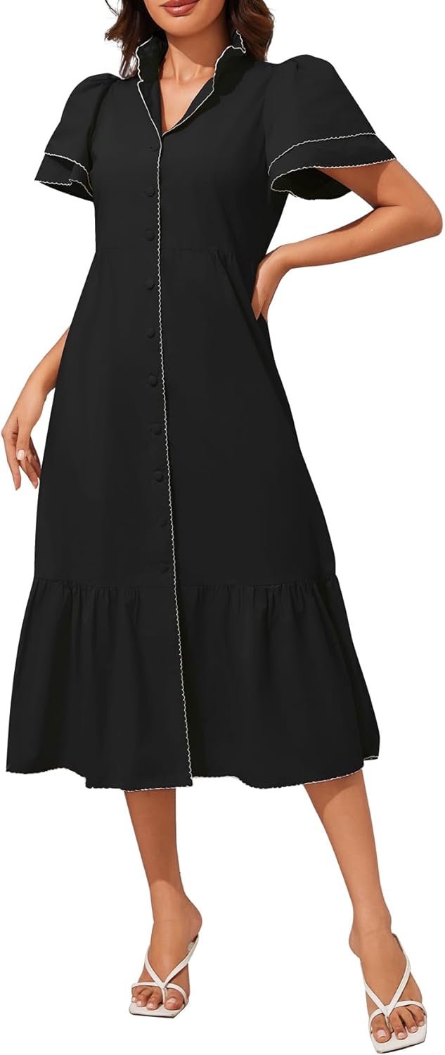 Kedera Women Maxi Petal Sleeve Button Down Dress Cover Ups Beach Dresses Ruffle Stand Collar Casual Dress