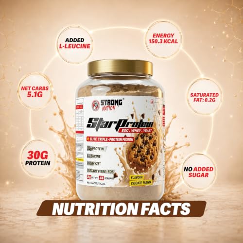 Image of STRONG NATION Star Protien Elite Triple Fusion, Egg, Whey & Yeast Blend | 30g Protien Per Scoop | 2kg (Cookies & Cream)