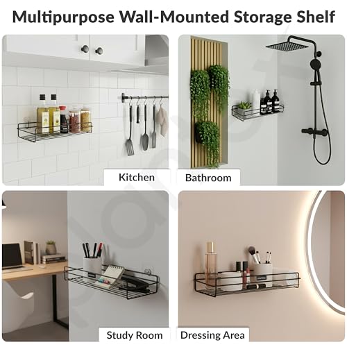 Image of Plantex Self Adhesive Bathroom Shelf Rack /Bathroom Organiser Without Drill /GI-Steel Shelf for Kitchen with Magic Stickers /Bathrooms Accessories- (12x5 inches,Black)