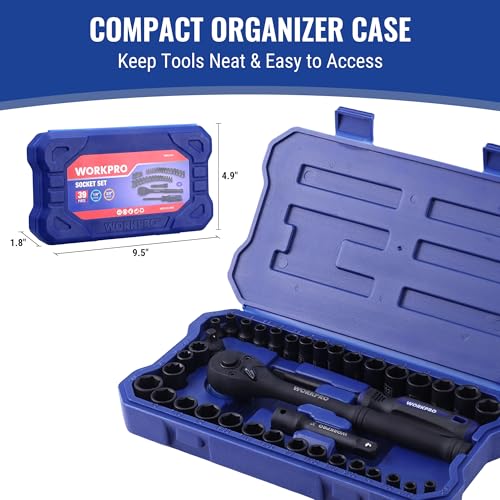 Image of WORKPRO 39PC Drive Socket Wrench Set, 1 /4'' & 3 /8'' Sockets Kit, 3 /8 inch Ratchet, Extension Bar, Spinner Handle & Adapter, Premium Black Phosphate Finish Mechanics Tool Set with Tool Box, Metric & SAE