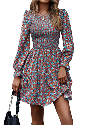 Image of KIRUNDO Long Sleeve Dress for Women 2025 Summer Fall Wedding Guest Smocked Floral Crewneck Ruffle A Line Flowy Mini Dress