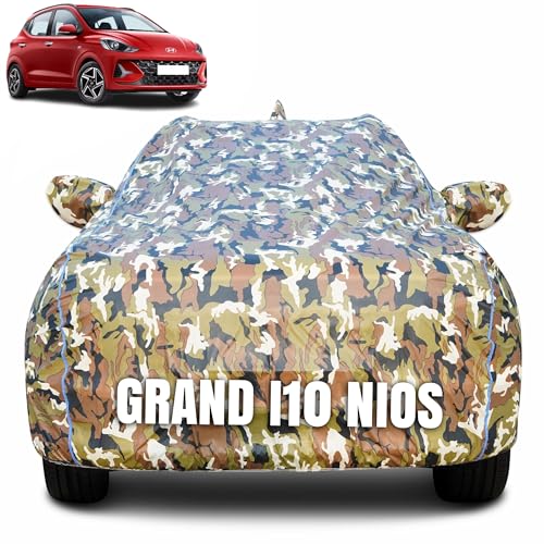 Image of 100% Waterproof Car Body Cover for Hyundai Grand i10 Nios (2019-2025) with Mirror Pocket (Heat & UV Resistant, Triple Stitched, Soft Lining, Bottom Elastic & Piping) Camouflage, Military Print