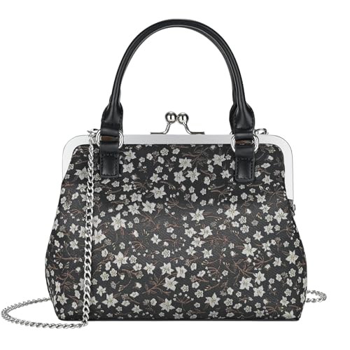 GM LIKKIE Bolsas e bolsas Kiss Lock, bolsas de mão vintage de couro PU para mulheres, alça superior para noite, Preto - flor, Medium