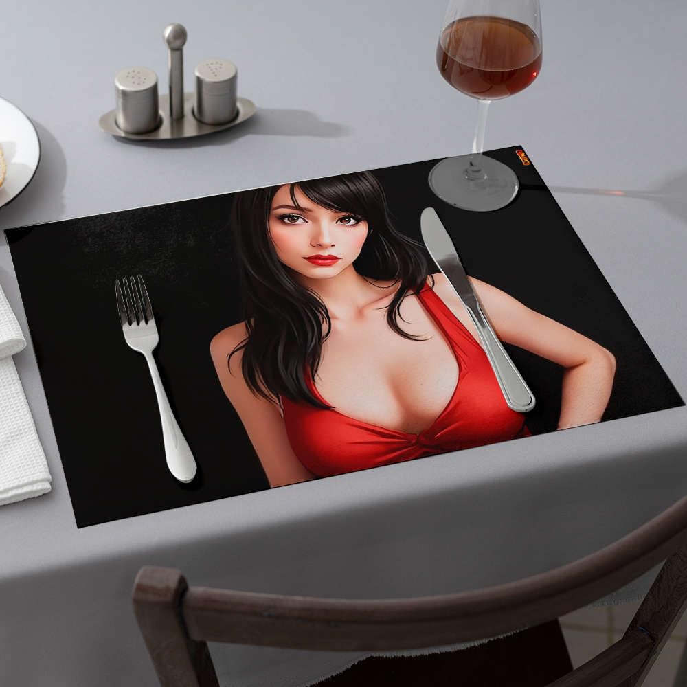 Assiettes décoratives haut de gamme motif robe rouge avec 6 napperons roses