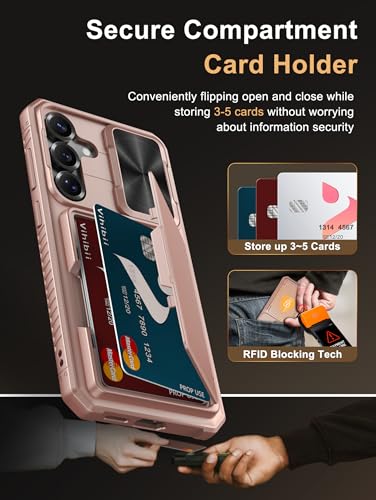 Image of Vihibii for Samsung Galaxy S25 Plus Case Wallet with Card Holder (4 Cards) [RFID Blocking] & Slide Camera Cover, Military Grade Drop Protection, Rugged Back & Silicone Edge Case, 6.7 inch 2025, Rose Gold
