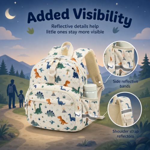 Image of LOIDOU Toddler Backpack for Boys Ages 2-4, 12 Inch Mini Preschool Daycare Bookbag with Insulated Snack Pocket, Corduroy Small Kids Travel Backpack with Chest Strap,Beige Dinosaur