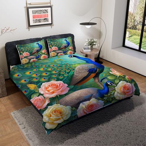 Housse de couette 220x240 paon 3D en microfibre avec 2 taies