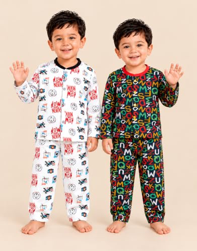Image of 3BROS Kids Pure Cotton Night Suit Set | Boys Girls Printed Sleepwear Shirt & Pajama Clothing Combo | Soft Breathable Night Dress Outfit | Pack of 2