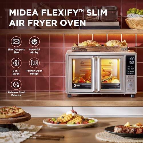 Image of Midea Flexify Slim 8-in-1 French Door Toaster Oven Air Fryer Combo, Compact Countertop Oven with Infrared SpeedHeat, 25 Quart Capacity, Stainless Steel