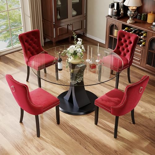 Image of 5-Piece Dining Table Set with 47In Tempered Glass Table and 4 Velvet Upholstered Chairs, Modern Scandinavian Furniture for Dining Room Kitchen(Burgundy)