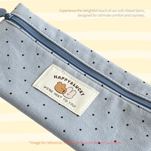Image of Monolike Happy and Lucky Candy Dot pen case, Blue - Slim Corduroy Style Cotton Pen Pouch, Cute Aesthetic Pastel Stationery Organizer for Office