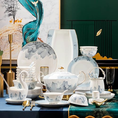 NNYCC Geschirr für 6 Personen 42 Stück Steingut Geschirr Set Hochwertige Luxus Teller Schüsseln Set kann Spülmaschine Mikrowelle für den täglichen Gebrauch Familie Versammlungen,60 Piece Set