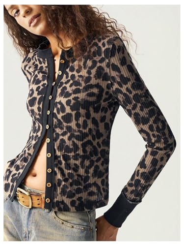 GORGLITTER Women's Leopard Cardigan Sweaters Y2K Long Sleeve Button Up Crewneck Rib Knit Tops3