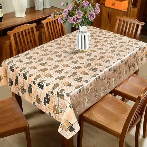Image of Dakshya Industries PVC Waterproof Withoutlace Dining Table Cover (Size - 54X78 Inch) Rectangle 6 Seater Heat Rasistant, Golden Dibbi