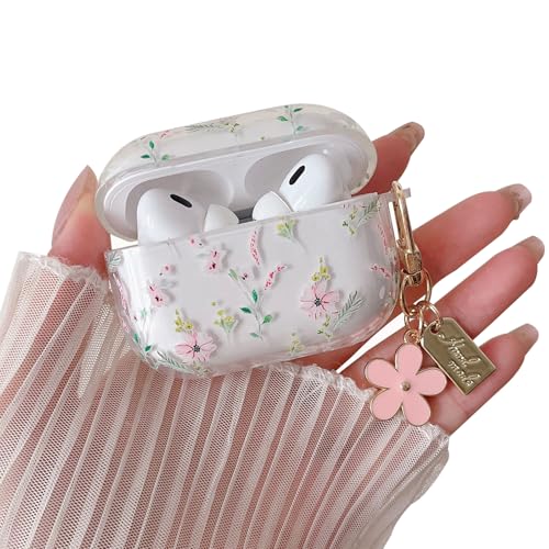 Image of MINSCOSE Compatible with AirPods Pro 2nd /1st Case Clear Case, Cute Cartoon Flower Pattern Design with Aesthetic Floral Keychain Soft TPU Protective Shockproof Cover for AirPods Pro /Pro 2-Pink