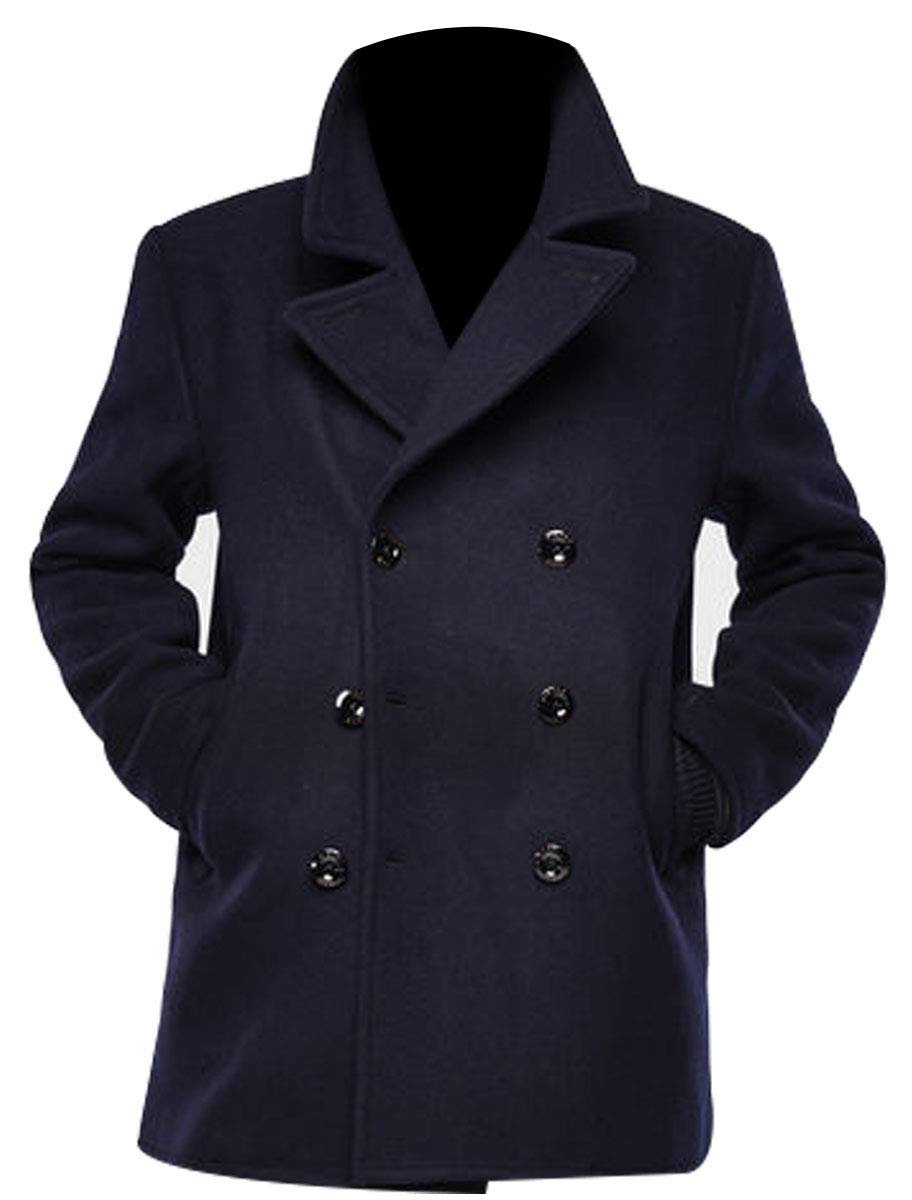 LP-FACON Cappotto da uomo Ryan Bingham Pea - Trench invernale in lana da uomo - Trench lungo da uomo nero e blu navy