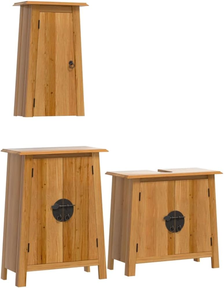 Bathroom Vanity Sink Cabinet Set, Rustic Solid Pine Wood Bathroom Storage Organizer with 4 Doors, Farmhouse Style Furniture Unit for Bathroom Space Saving, Brown