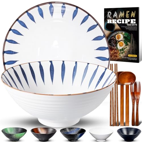 8-Inch Ceramic Ramen Bowl Set of 2 (9 Piece) - Porcelain Japanese Salad Noodles Cereal Fruit Pasta Soup Large Bowls with Recipes Chopsticks Forks Spoons for Men Women Gift Microwave & Dishwasher Safe