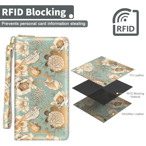 Image of Nipichsha Womens Wallet, RFID Wristlet Wallet for Women, Cute Ladies Purse, Large Credit Card Clutch Purse, Leather Card Holder Wallets with Zipper & Phone Holder, Blooming Flowers