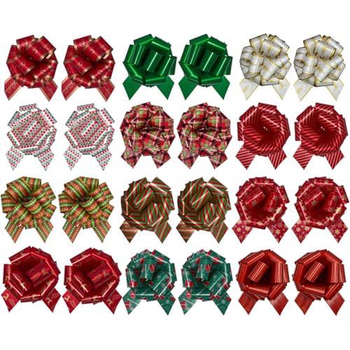 MUNSKT 24 piezas Navidad Wrap Pull Arcos con cinta de arcos de Navidad Decoración de árbol de Navidad Fácil de montar lazos de cinta para decoraciones de embalaje de regalo de Navidad Fácil de montar