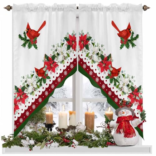 BEMIGO Christmas Swag Valances Poinsettia Kitchen Decor Curtain Red White Rod Pocket Washable Window Curtains for Kitchen Bedroom Valances for Windows 2 Panel, 28x36inch,2 Panels