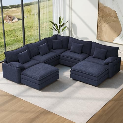 Image of Vesgantti 101 inch V-Shaped Corner Couch Sectional, 7 Seat Customizable Modular Cloud Couches with Movable Ottoman, Chenille Deep Seat Sofa Set with Chaise for Living Room, Bedroom and Apartment, Blue