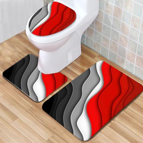 Badezimmerteppich Set 3 Teilig Rote Schwarze Graue Streifen Badematte rutschfest Bad Teppiche Set U-förmiger Teppiche und WC-Deckelbezug für Dusche und Toilette – Bild 4