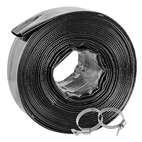 Poolvio Backwash Hose 1-1/2 x 50 ft Heavy-Duty Lay-Flat Reinforced PVC Discharge Hose with 2 Stainless Steel Thumb Screw Clamps Leak-Resistant for Inground & Above-Ground Pool Filters