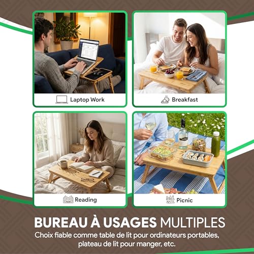 Table de lit bambou réglable 15,6" tiroir MOVADEK