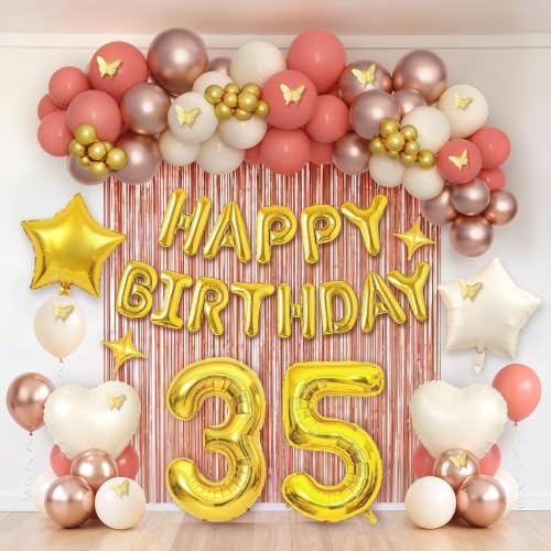 Red and Gold 35th Birthday Decorations for Women - Party Backdrop with Latex, Foil Balloons & Foil Fringe Curtains, Happy Birthday Banner, 35 Number Foil Balloons, for Birthday Party Supplies