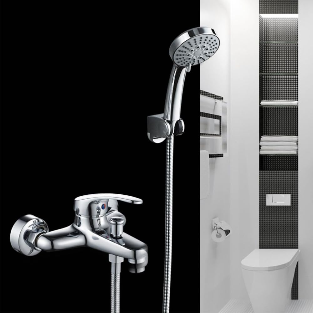 Wall Mounted Shower Mixer Tap with Hand Shower Set, Chrome Finish Bath Mixer Faucet with 1.5m Stainless Steel Hose, Hot & Cold Water Control, Durable Brass Body, Anti-Rust Bathroom Shower Set