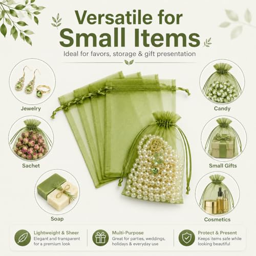 Image of Hopttreely 50PCS Olive Green Organza Bags 4x6 Inch, Multi-Purpose Mesh Drawstring Gift & Fruit Protection Bags for Wedding Favors, Jewelry, Christmas, Sachet, Easter, St. Patrick's Day, Party Supplies, Garden Plant Netting