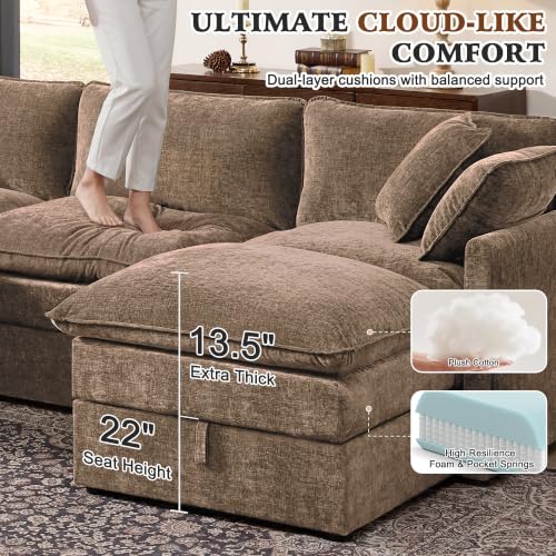 Image of Ihanherry 103 inch Modular Sectional Sofa with Storage, U Shaped Cloud Couch with Movable Ottomans & 4 Pillows, Chenille Deep Seat Sectional Couches for Living Room, Apartment (Brown)