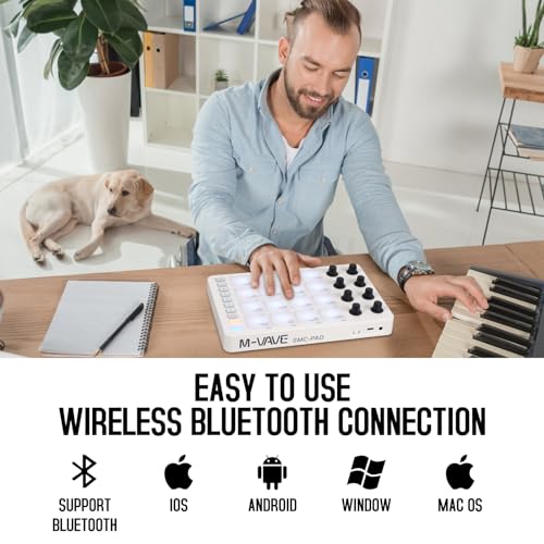 Image of Wireless MIDI Controller Pads, Bluetooth Portable USB MIDI Controller with 16 Drum Pads, 8 Assignable Knobs, Note Repeat, Full Level Buttons, Rechargeable battery (White Pad)