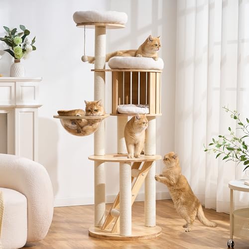 Árbol moderno de madera sólida para gatos interiores 61.5 in miniatura 1