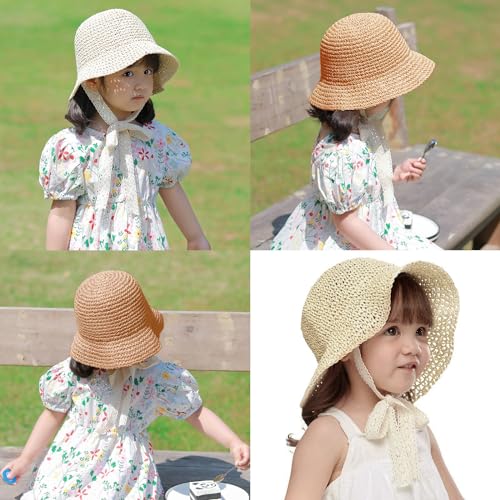 Toddler Girls Straw Sun Hat Foldable Beach Hat Roll up Panama Cap with Lace Chin Strap for Kid 2-6Year4