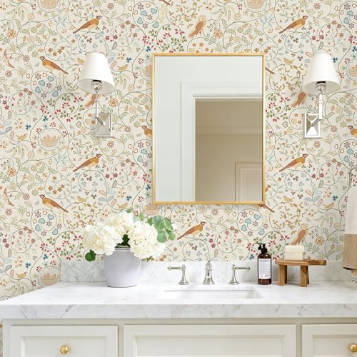 VEELIKE Vintage William Morris Wallpaper Peel and Stick Ivory Newill Owl Wallpaper for Bedroom Bathroom 17.7''x118'' Removable Self Adhesive Art Nouveau Wall Paper for Living Room Accent Walls Shelves by VEELIKE - Image 4