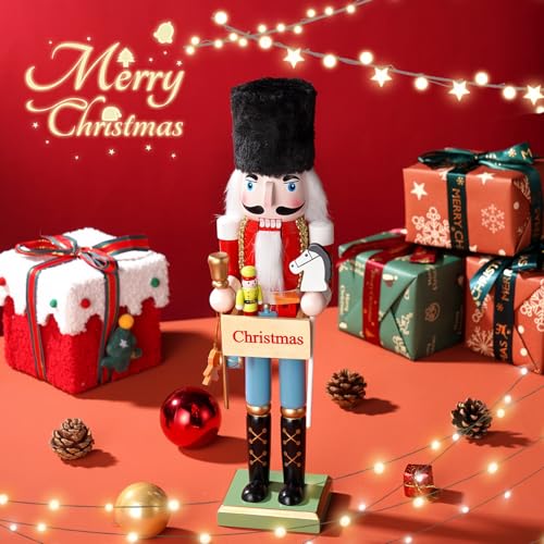 COMBIUBIU 38CM Nussknacker Figur-Weihnachtskarten,Nussknacker Soldat Aus Hochwertigem Kiefernholz,Deko FüR Zuhause Kamin Tischdekoration,Weihnachten Weihnachtsdekoration