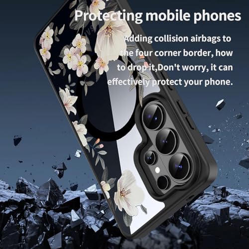 Image of VONZEE Compatible with Samsung Galaxy S26 Ultra 5G Case Luxury Retro Flowers Floral Clear for Magnetic Wireless Charging Case Shockproof PC+TPU Cute Glossy Shiny Cover for Girls Women, Black