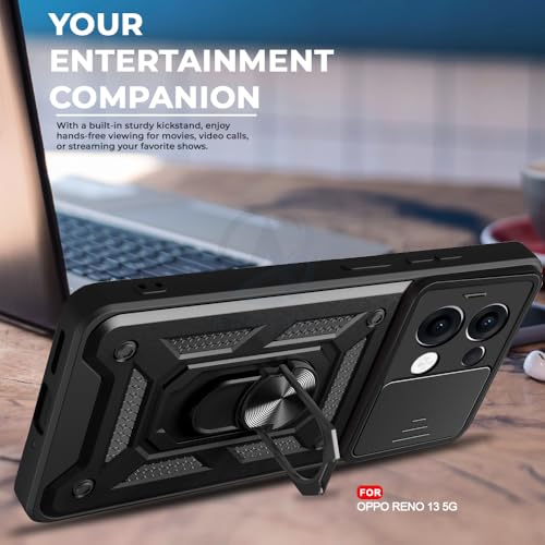 Image of AESTMO Tough Armor Oppo Reno13 5G Bumper Back Case Cover | Ring Holder & Sliding Camera Cover | 360 Degree Protection Back Case Cover for Oppo Reno13 5G (Black)