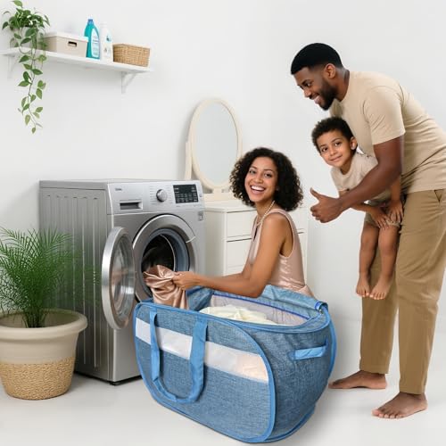 Image of Upgraded 100L Extra Large Mesh Pop Up Laundry Hamper with Lid and Handles. XL Closet Storage Bins, Dirty Clothes Basket for Dorm Home, Foldable Laundry Basket. Blue. H