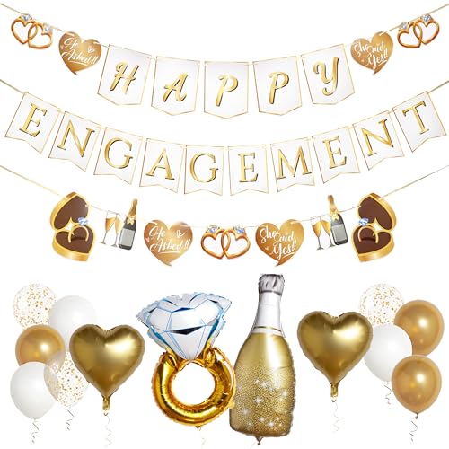 Pirese Happy Engagement Banner, Just Engaged Banner, Happy Engagement Decorations | Just Engaged Decorations | Almost Married Sign | Congratulations Wedding Decor Sign with Balloons