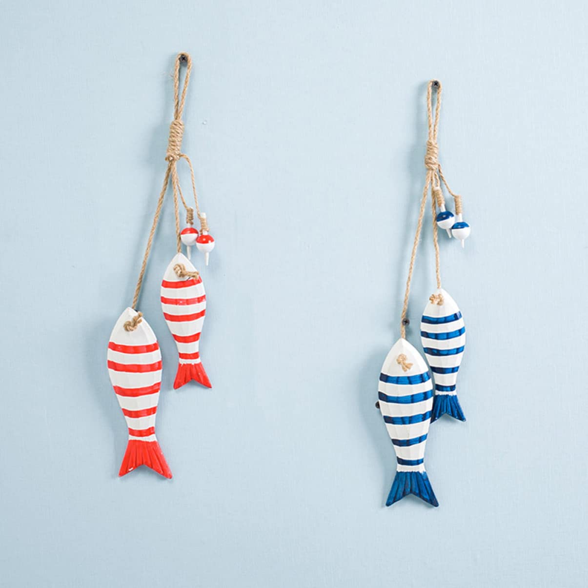 Gogogmee Mediterranean Style Wooden Fish Pendant Blue Small Hanging Adornment for Home Bar Mall Curtain Decoration Nautical Wall Hanging Net Fishnet Decor - Image 3