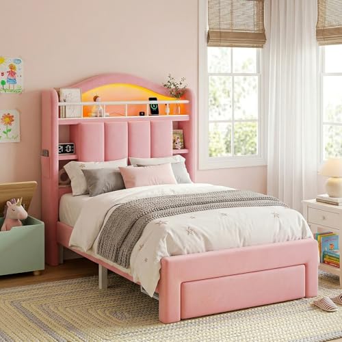 Image of Pink Twin Size LED Bed Frame with Storage Headboard, Upholstered Velvet Princess Bed for Girls with 5 Charging Ports (USB-C & AC), Hidden Privacy Compartment, Sturdy Aluminum Frame & 1 Silent Drawers
