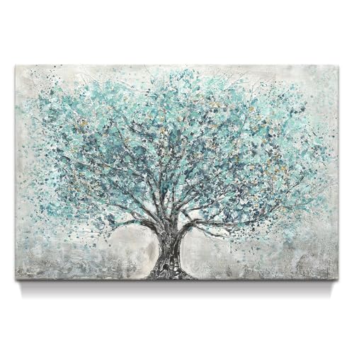 Abstract Landscape Canvas Wall Art: Teal Blue Blossm Tree Picture Modern Hand Painted Textured Painting Contemporary Nature Artwork for Bedroom Living Room Home Office