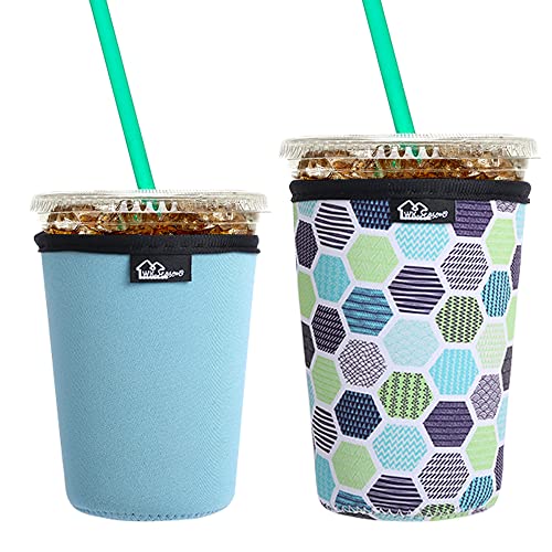 Image of Reusable Iced Coffee Insulator Sleeve for Cold Beverages and Neoprene Cold Coffee Cup Sleeves Cooler Cover 16-24OZ for Coffee Cups, McDonalds, Dunkin Donuts, More (Green geometric)